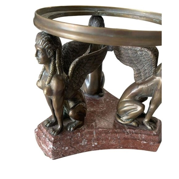Winged Sphinx Egyptian Bronze Brass Statue Rare Marble Candle Holder Sculpture - Picture 5 of 16